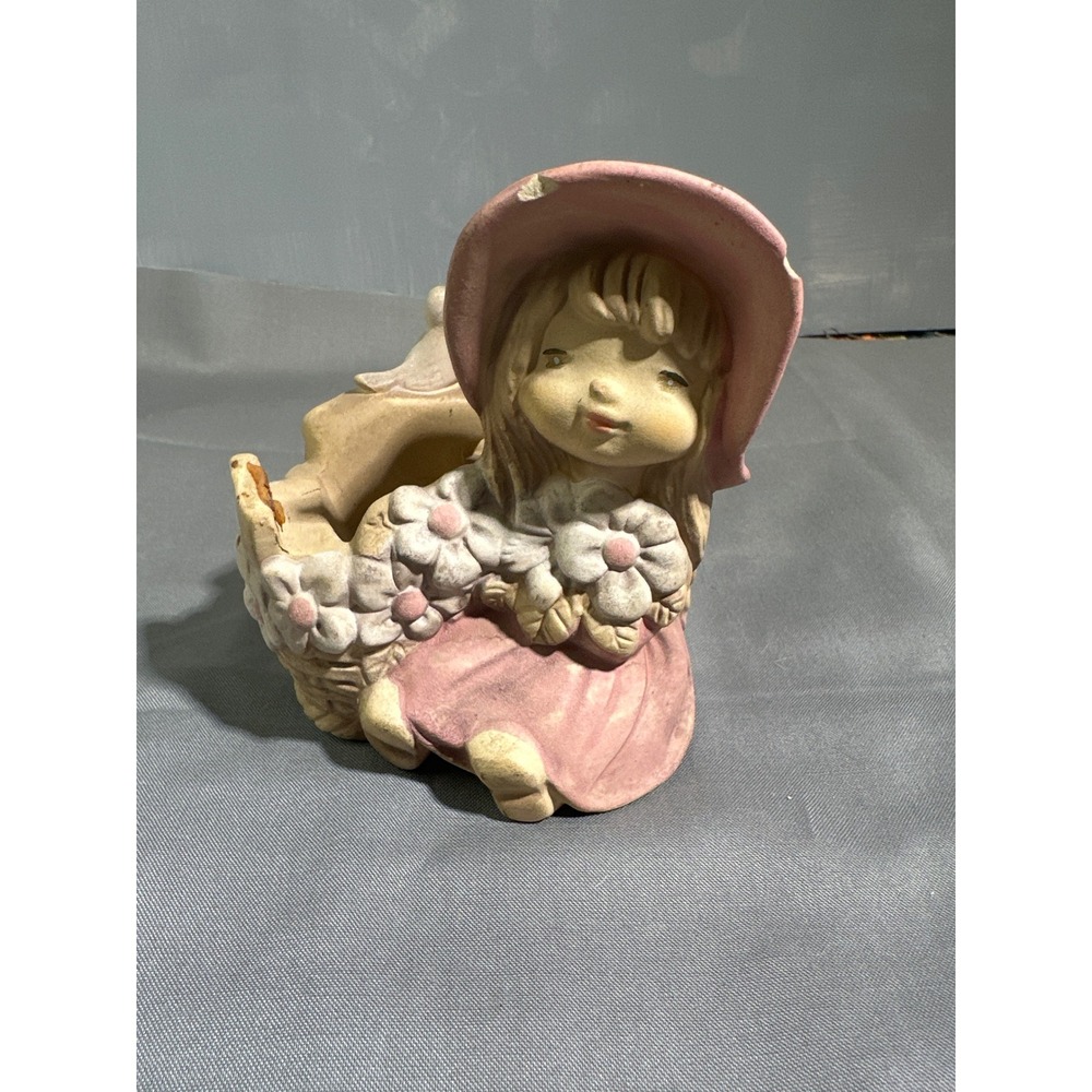 Vintage Girl with Flower Basket Planter Ceramic Figurine Birds Pink Hat Decor